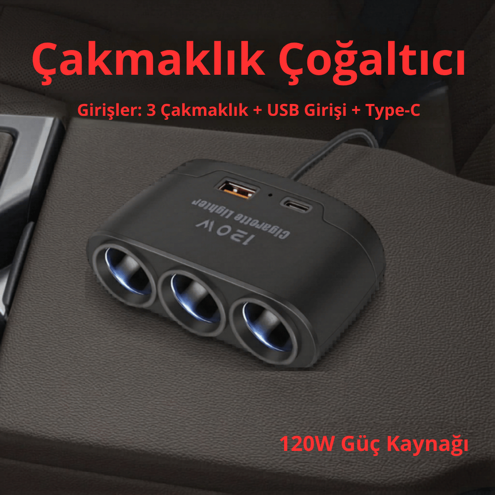 3'lü Çakmak Soketi ve 120W Araç Şarj Çoğaltıcı