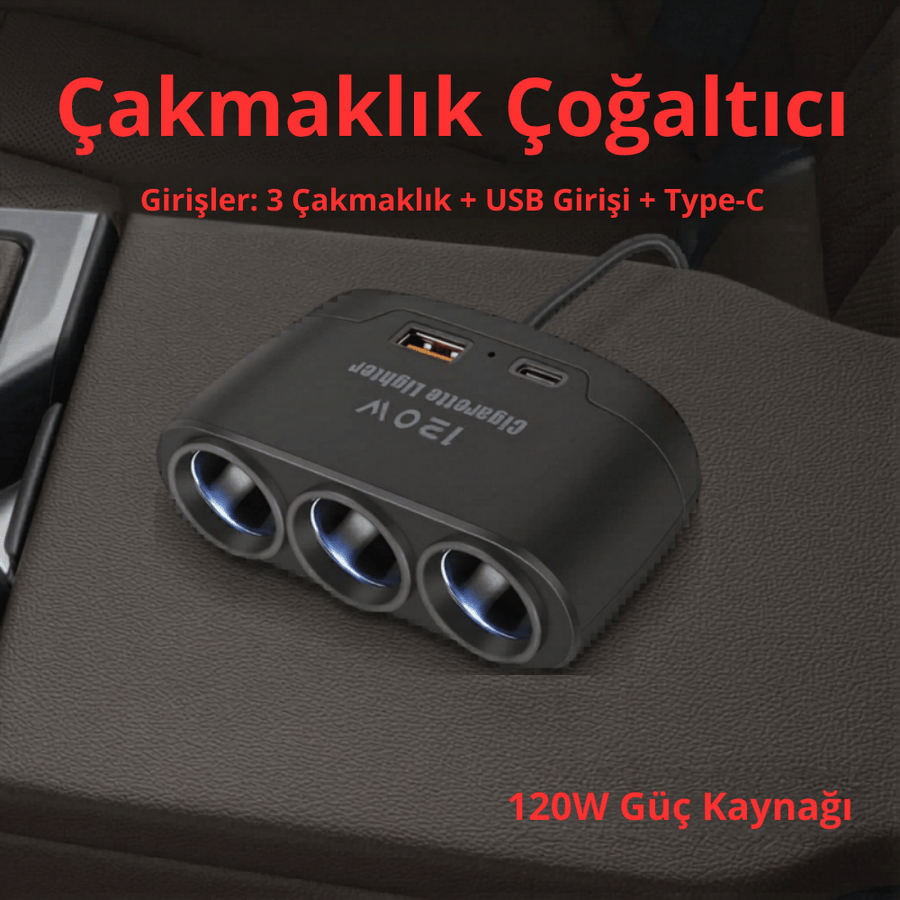 Araç Şarj Çoğaltıcısı - 3 çakmaklık soketi, USB ve PD Type-C girişlerinin gösterimi