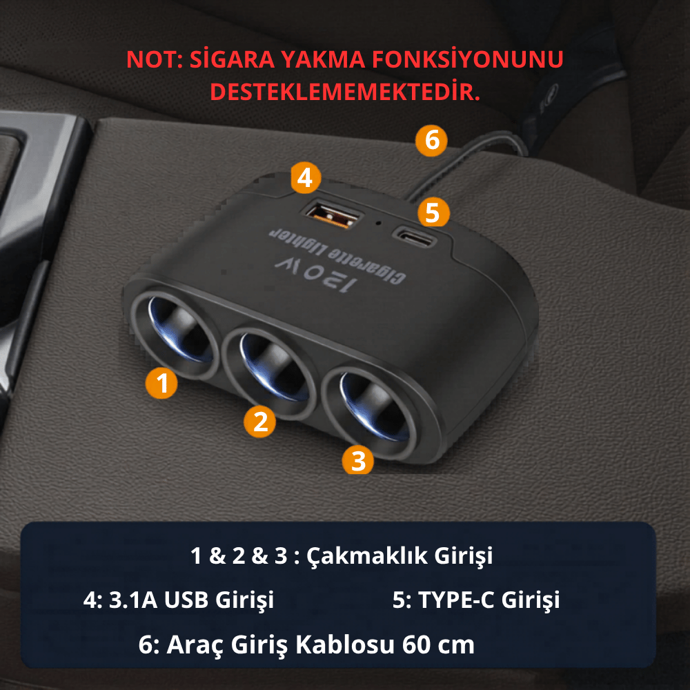 3'lü Çakmak Soketi ve 120W Araç Şarj Çoğaltıcı