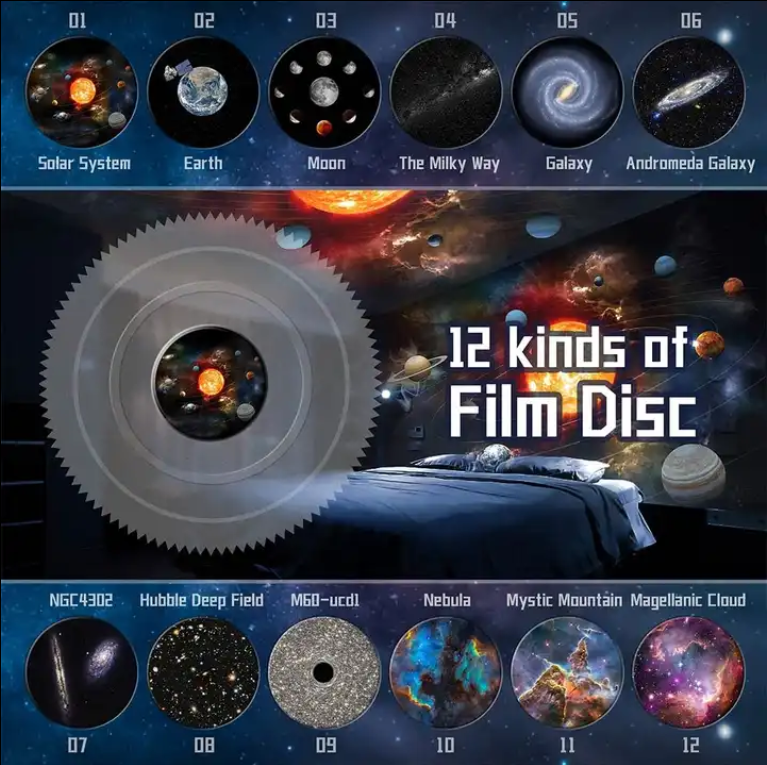 Gerçekçi HD 12 Film Disk Galaksi Projektörü Led Gökyüzü Projeksiyon Yıldızlı Masa ve Gece Lambası