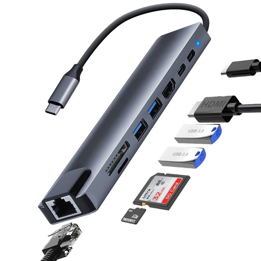 Type-C Çoğaltıcı - 8 portun tamamı: 4K HDMI, RJ45 Ethernet, USB 3.0, SD ve TF kart, PD şarj bağlantıları