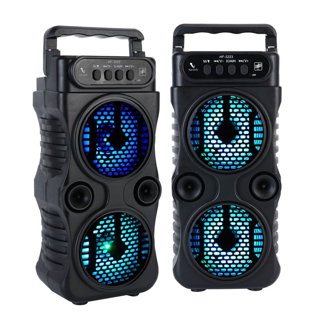 Işıklı Bluetooth Hoparlör - ledli çift hoparlörlü ön görünüm, taşıma sapı ve kontrol tuşları