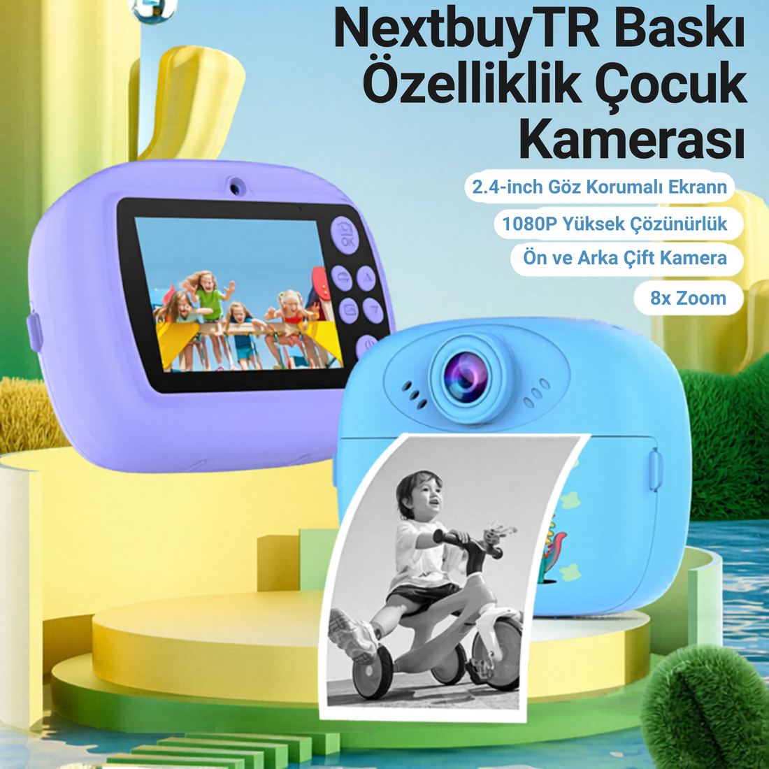 Baskılı Fotoğraf Makinesi - 2.4 inç ekranlı, 1080P çift kameralı anlık baskılı çocuk kamerası, mor ve mavi modeller
