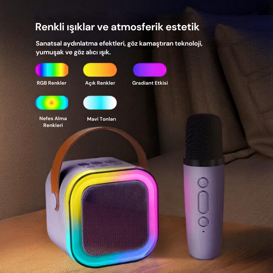 K12 Karaoke Hoparlörü - renkli ışıklar ve atmosferik estetik: RGB, gradyan, nefes alma ve mavi ton modları