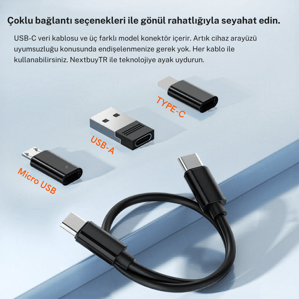 Aynalı Seyahat Seti - Type-C kablo ve dönüştürücü girişleri