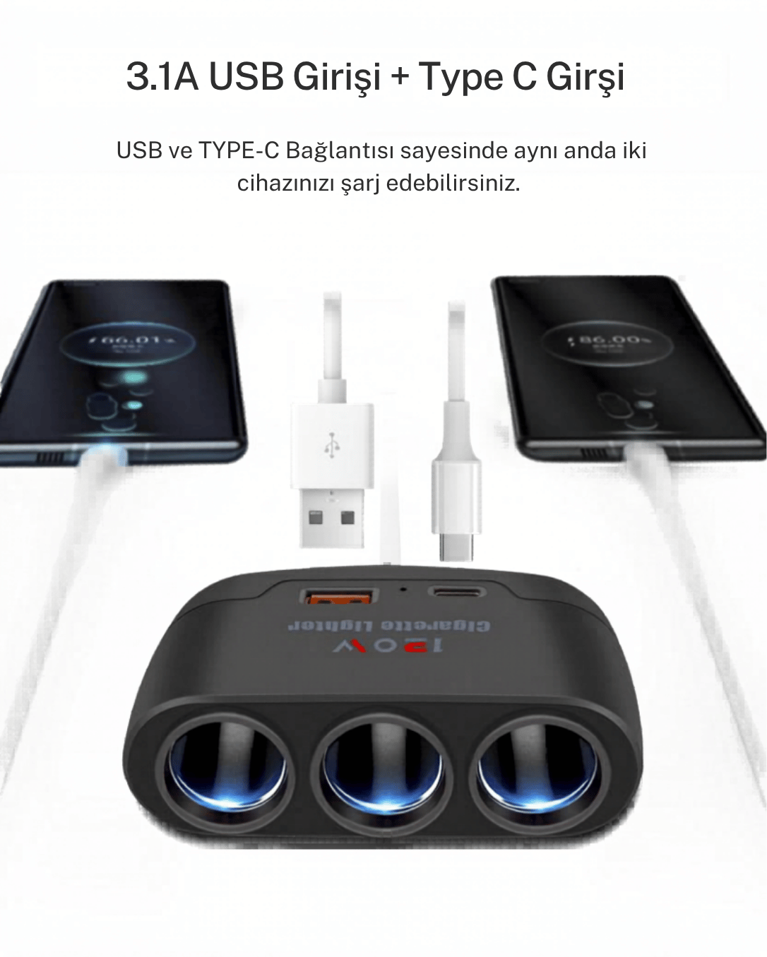 3'lü Çakmak Soketi ve 120W Araç Şarj Çoğaltıcı