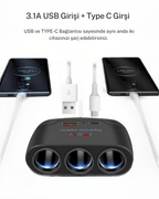 Araç Şarj Çoğaltıcısı - USB ve Type-C bağlantısıyla aynı anda iki cihaz şarj etme
