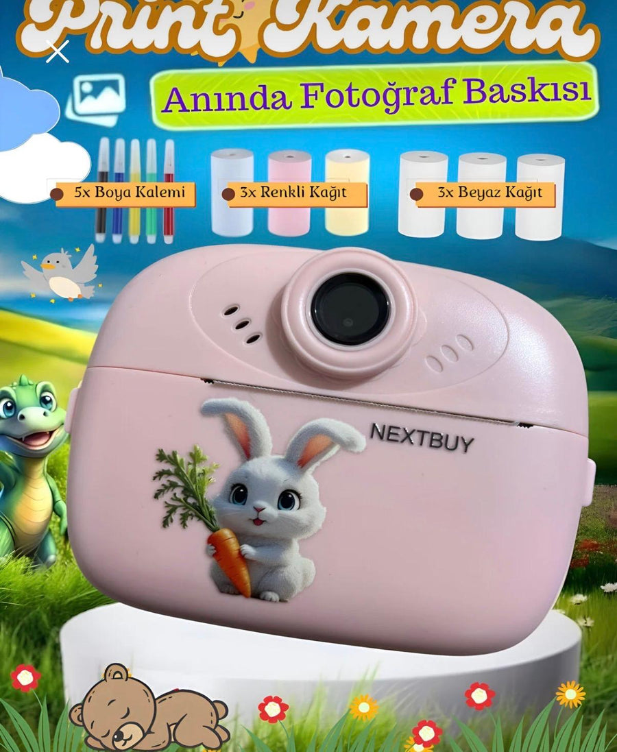 Baskılı Fotoğraf Makinesi - paket içeriği: 5 boya kalemi, 3 renkli ve 3 beyaz termal baskı kağıdı